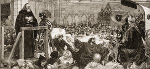 Retssagen mod John Wycliffe (1330-1384) i 1378 af English School